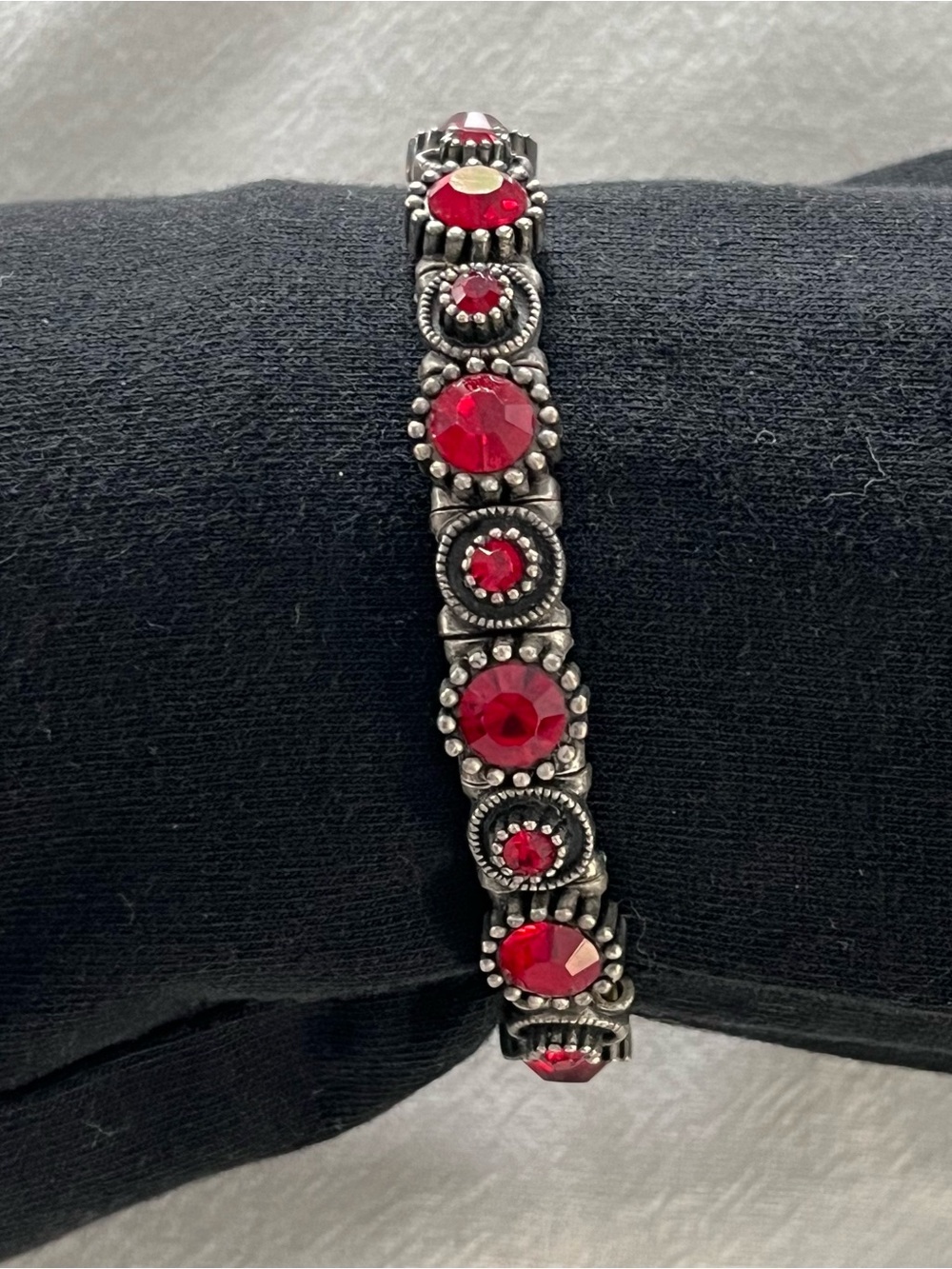 Deep Red Rhinestone Stretch Bracelet Silver Tone Antique Style